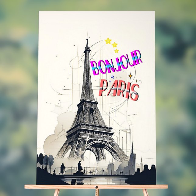 Panneau En Acrylique Bonjour Paris coloré (Neutre)