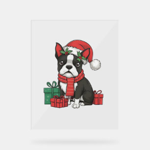 Panneau En Acrylique Boston Terrier Chien Noël Fêtes de Noël Père Noël