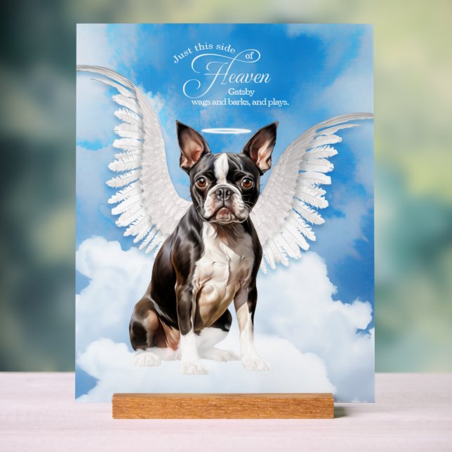 Panneau En Acrylique Boston Terrier Dog Angel avec nom Pet Memorial (Neutre)