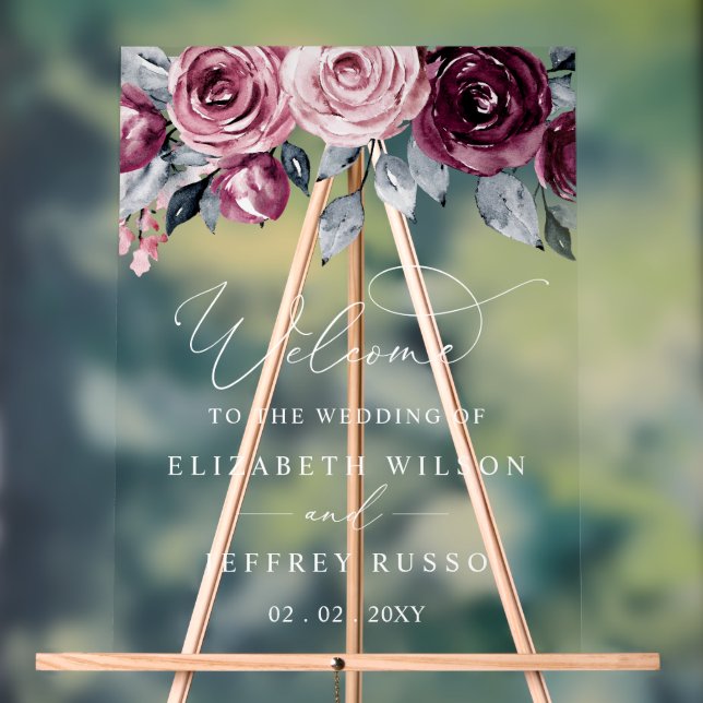 Panneau En Acrylique Botanical Burgundy Floral Wedding Welcome Sign (Neutre)