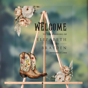 Panneau En Acrylique Bottes de cowboy occidentales Fleurs Mariage Bienv