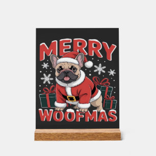 Panneau En Acrylique Bouledogue français chapeau de Père Noël Joyeux No