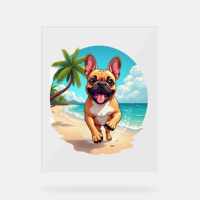 Panneau En Acrylique Bouledogue français sur une plage (Recto)