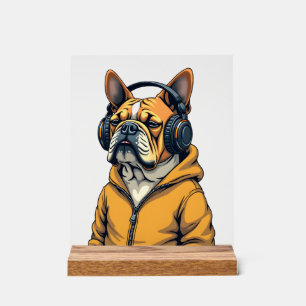 Panneau En Acrylique Bouledogue vintage avec écouteurs portant un sweat