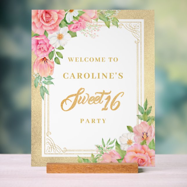 Panneau En Acrylique Bouquet rose Floral Rose Sweet 16 Party Bienvenue (Neutre)