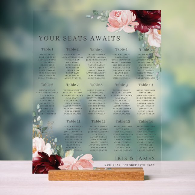 Panneau En Acrylique Bourgogne Blush Floral Mariage Seating Await (Neutre)