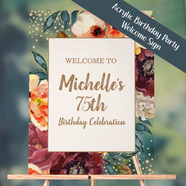 Panneau En Acrylique Bourgogne Orange Floral Gold Parties scintillant 7 (Orange and burgundy watercolor floral acrylic 75th birthday party welcome sign)