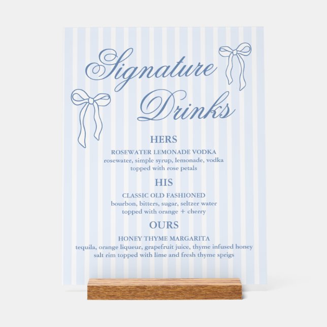 Panneau En Acrylique Bow Blue Mariage Signature Boissons Cocktails (Recto)