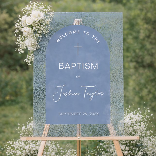 Panneau En Acrylique Boy Baptism Blue Arch Floral Pattern Cross Welcome (Créateur téléchargé)