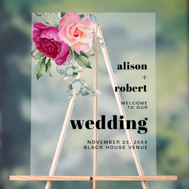 Panneau En Acrylique Branche avec rose rose gelé mariage WELCOME (Neutre)