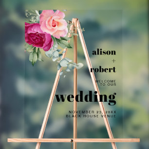 Panneau En Acrylique Branche Eucalyptus avec roses roses rose mariage B