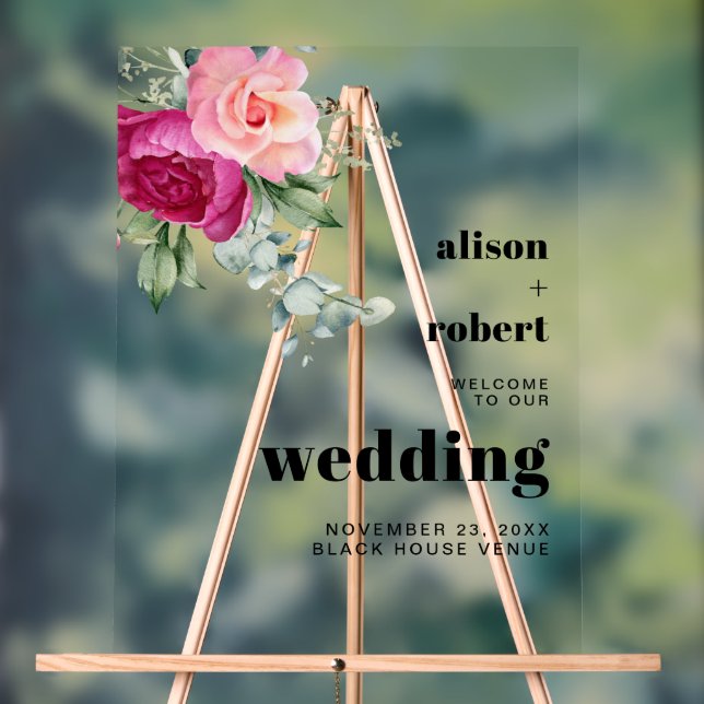 Panneau En Acrylique Branche Eucalyptus avec roses roses rose mariage B (Neutre)