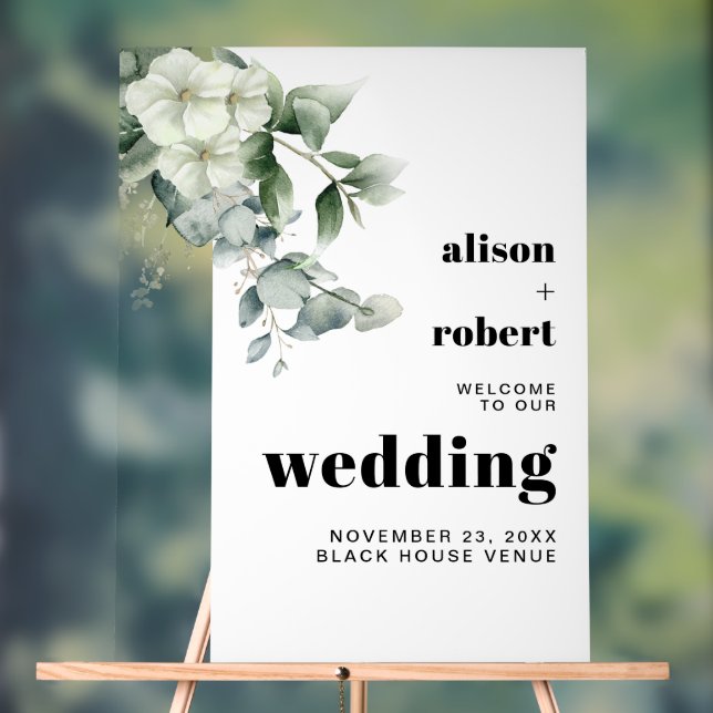 Panneau En Acrylique Branche Eucalyptus, fleurs blanches mariage BIENVE (Neutre)