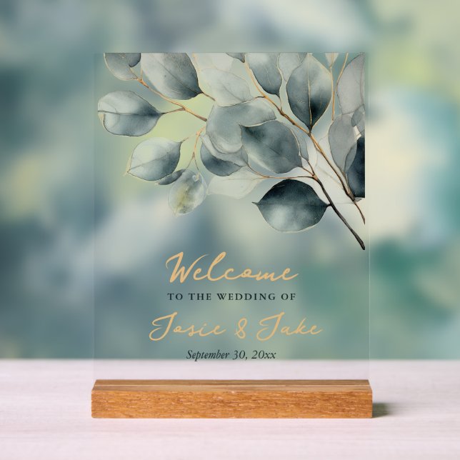 Panneau En Acrylique Branche Eucalyptus signe d'accueil vert et or (Neutre)