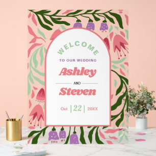Panneau En Acrylique Branches boho rétro avec fleurs bienvenue mariage