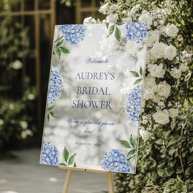 Panneau En Acrylique Bridal Shower Welcome Sign, Classic Blue Hydrangea (Créateur téléchargé)