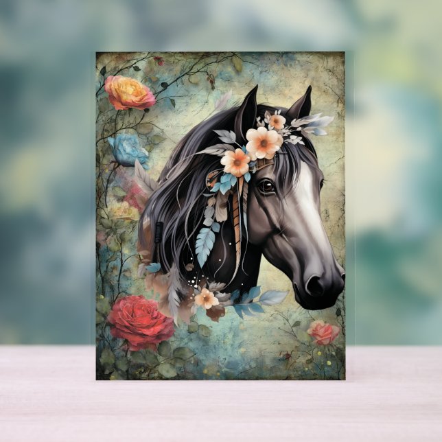 Panneau En Acrylique  Brown horse in flowers. (Neutre)