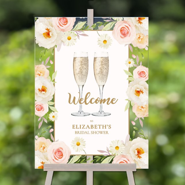 Panneau En Acrylique Brunch et Fête des mariées fleurie Bubbly Bienvenu (Brunch and bubbly watercolor floral bridal shower welcome acrylic sign)