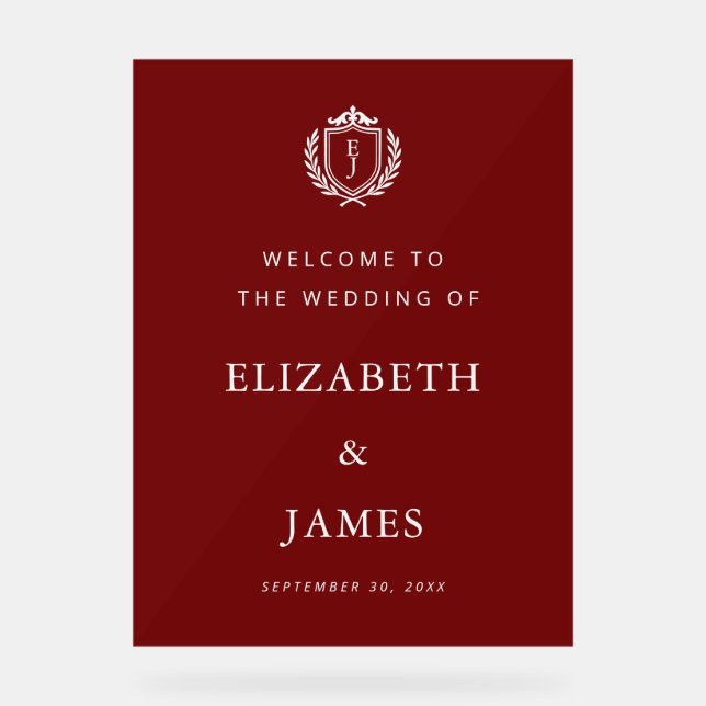 Panneau En Acrylique Burgundy Crest Wedding Welcome, Custom Initials (Recto)