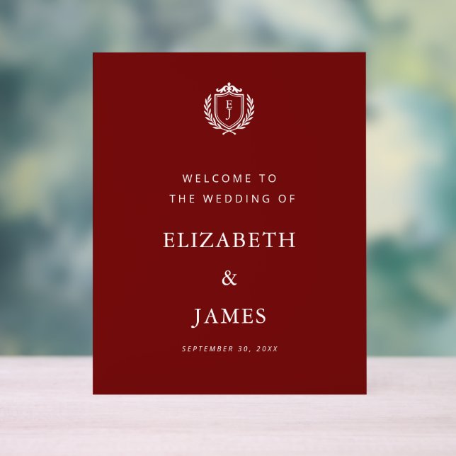 Panneau En Acrylique Burgundy Crest Wedding Welcome, Custom Initials (Neutre)
