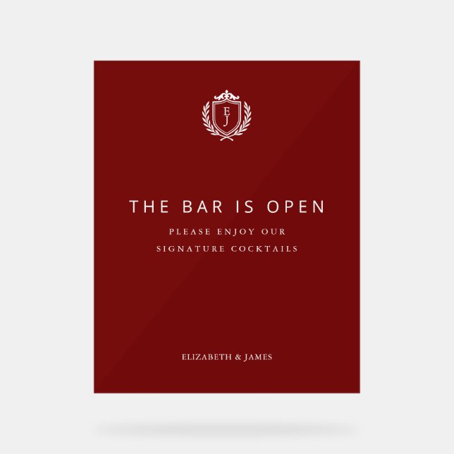 Panneau En Acrylique Burgundy Crest Wedding Welcome, Custom Initials (Recto)