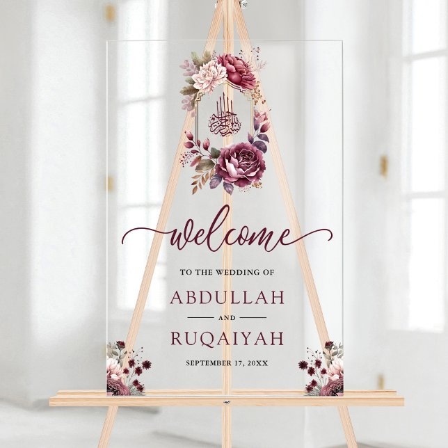 Panneau En Acrylique Burgundy Floral Crest  Muslim Wedding Welcome (Créateur téléchargé)
