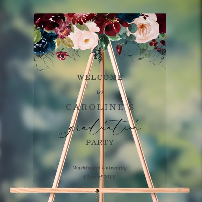 Panneau En Acrylique Burgundy Floral Graduation Bienvenue Symbole acryl (Neutre)
