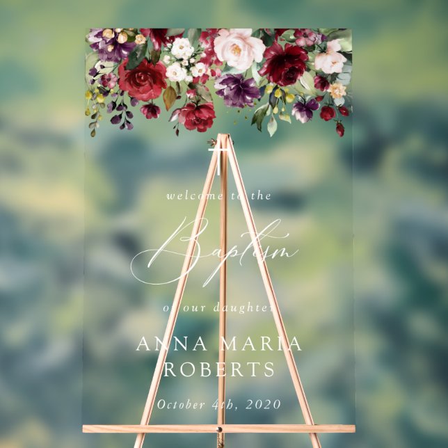 Panneau En Acrylique Burgundy Flowers, Pink Flowers, Baptism Welcome (Neutre)