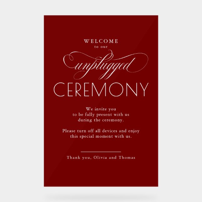 Panneau En Acrylique Burgundy Red Modern Script Unplugged Ceremony  (Recto)