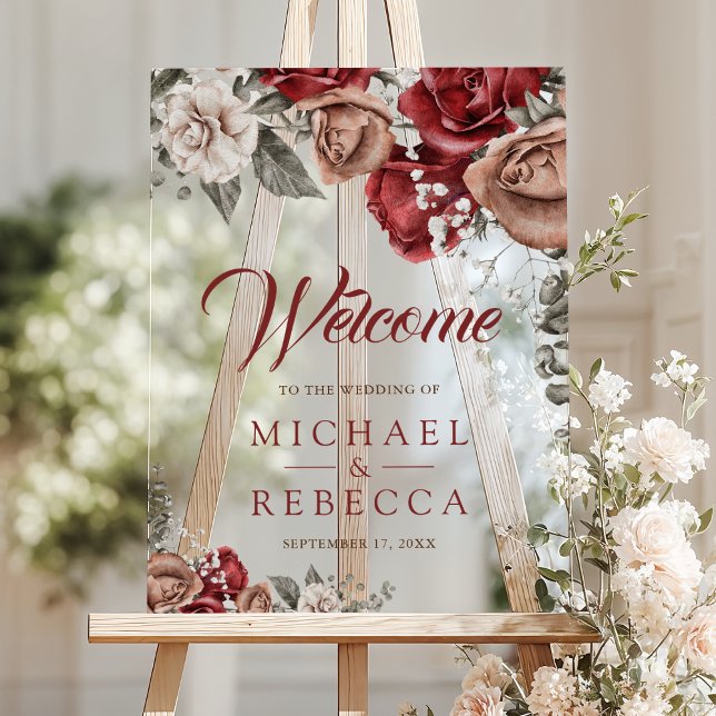Panneau En Acrylique Burgundy Red Roses Floral Wedding Welcome (Créateur téléchargé)