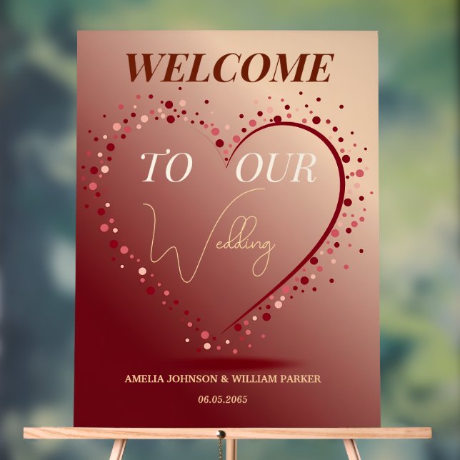 Panneau En Acrylique Burgundy Rose Gold Heart Confetti Wedding Welcome (Neutre)