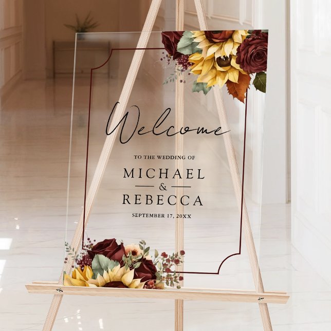 Panneau En Acrylique Burgundy Roses Sunflowers Wedding Welcome (Créateur téléchargé)