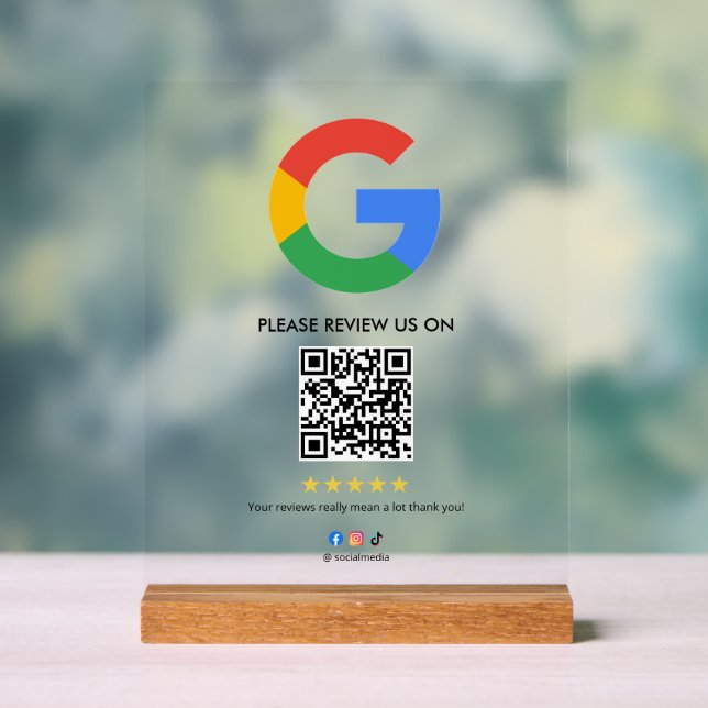 Panneau En Acrylique Business Google Review Tabletop Sign l QR Code (Neutre)