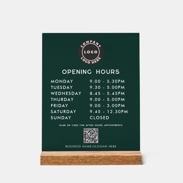 Panneau En Acrylique Business Logo QR Code Opening Hours Green (Recto)