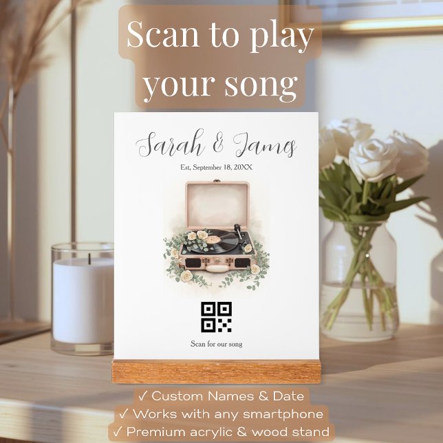 Panneau En Acrylique Cadeau d'anniversaire de chanson de mariage avec c (Personalized QR code acrylic block with vintage vinyl record design, blush pink background, gold foi)