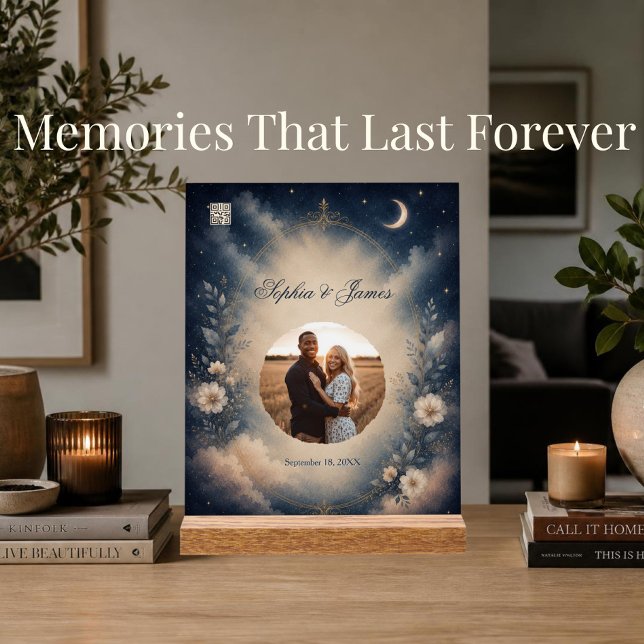 Panneau En Acrylique Cadeau d'anniversaire de mariage de chanson de mar (Personalized celestial wedding song plaque with scannable QR code and custom couple photo.)