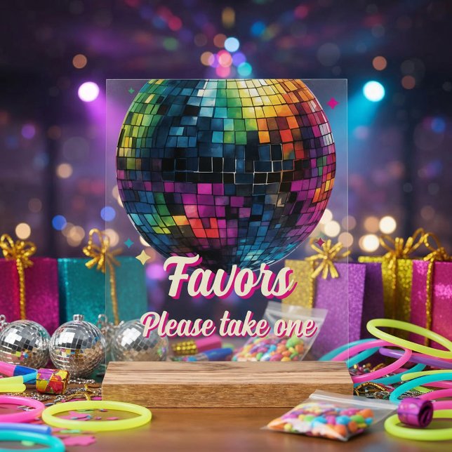 Panneau En Acrylique Cadeaux de mariage boule disco soirée rétro 70 (Front view retro 70s disco ball wedding fun nightlife statement wedding Favor Sign)