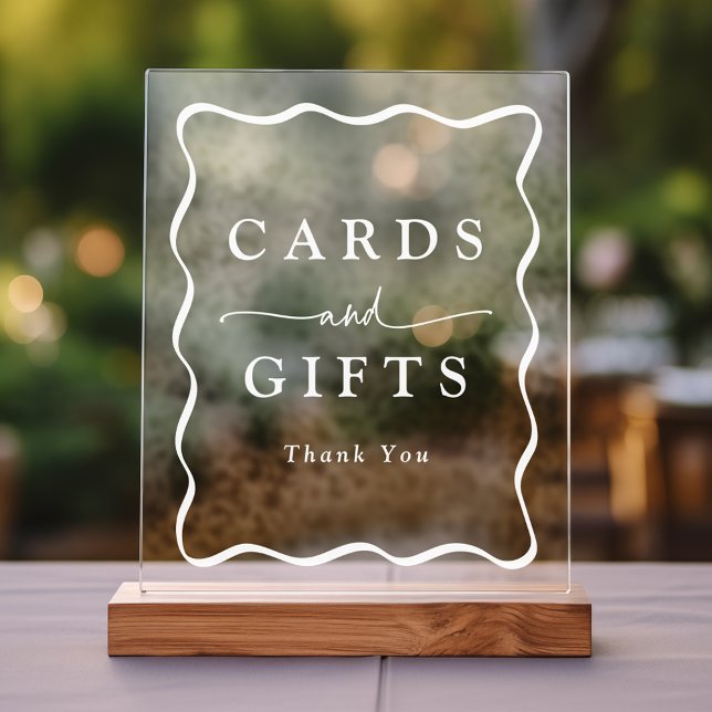 Panneau En Acrylique Cadeaux et cartes de mariage blanc moderne (Please note: The wooden stand does not come with the sign. Zazzle sells a similar wood block.)