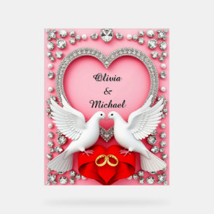 Panneau En Acrylique Cadre de mariage romantique avec coeurs et colombe