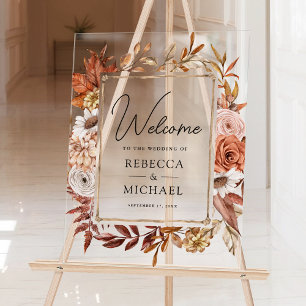 Panneau En Acrylique Cadre Fleurs en Terracotta pour Mariage de Bienven