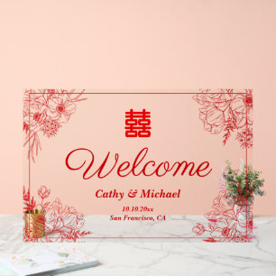 Panneau En Acrylique Cadre floral rouge de mariage chinois oriental de