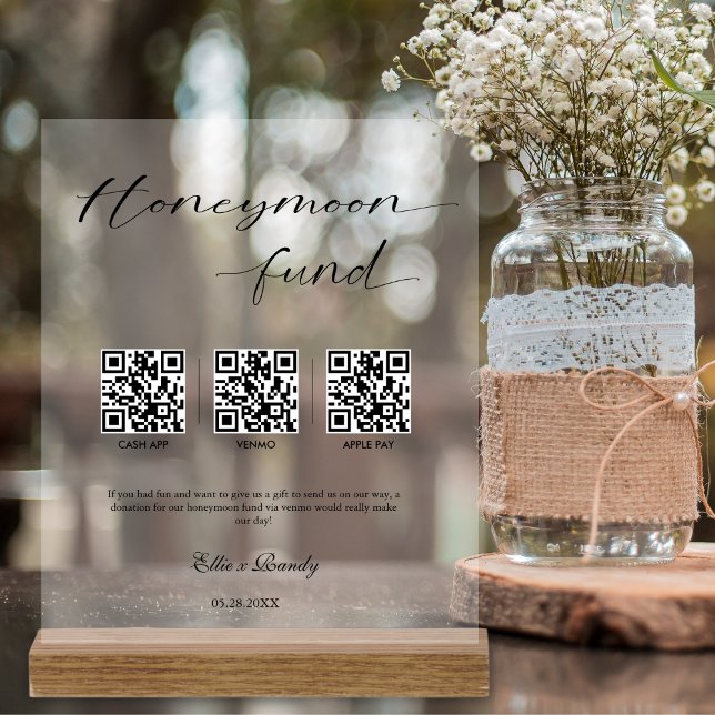 Panneau En Acrylique Caisse Mariage Lune de Miel Code QR Moderne Bois (Créateur téléchargé)