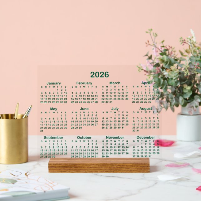 Panneau En Acrylique Calendrier Minimaliste Hunter Green 2026 (Mariage)