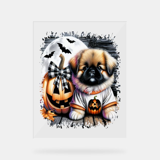 Panneau En Acrylique Carré d'Halloween Chien Pekingese (Recto)