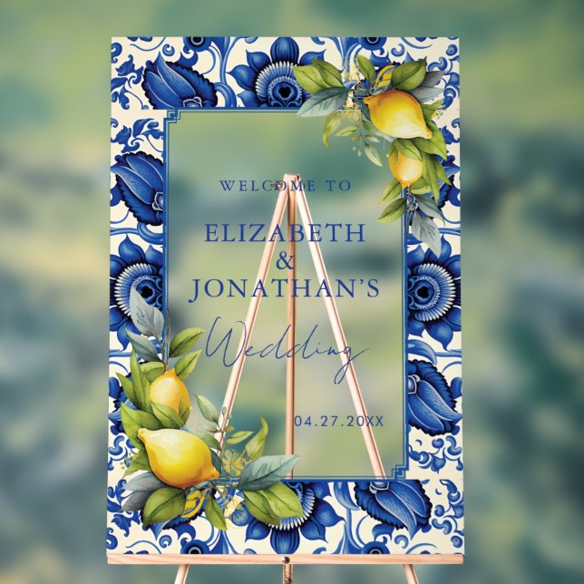 Panneau En Acrylique Carreaux bleus Citrons jaunes Mariage Bienvenue (Neutre)