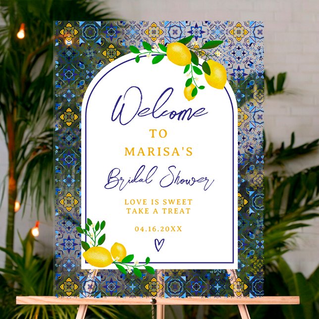 Panneau En Acrylique Carreaux bleus italiens aquarelle citron mariage (Italian blue tiles watercolor lemon bridal welcome acrylic sign)