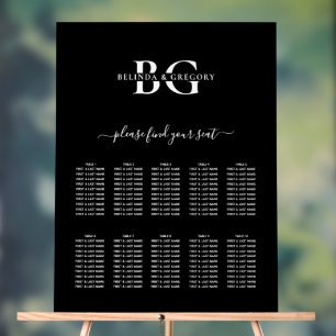 Panneau En Acrylique Carte de siège Mariage Monogramme noir et blanc