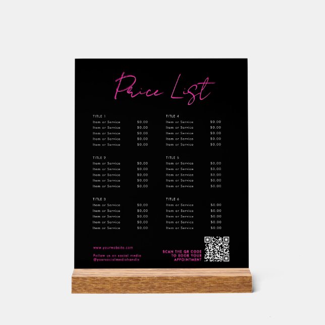 Panneau En Acrylique Carte des prix de beauté rose et noir Neon Menu Co (Recto)