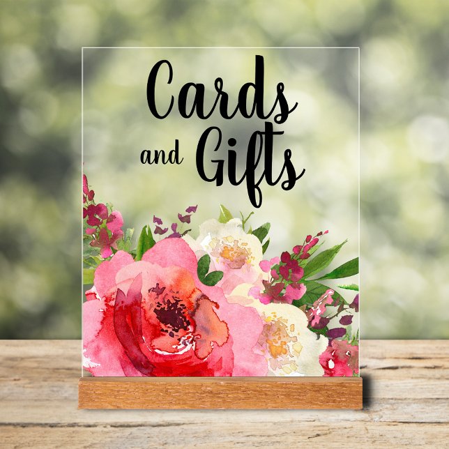 Panneau En Acrylique Cartes de Fête des mariées et cadeaux aux fleurs r (Cards & Gifts bridal shower tabletop acrylic sign with pink and cream flowers and greenery)