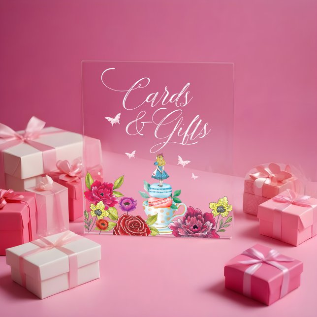 Panneau En Acrylique Cartes Et Cadeaux Alice Au Pays Des Merveilles Flo (Cards & Gifts Alice In Wonderland Vibrant Florals Acrylic Sign)